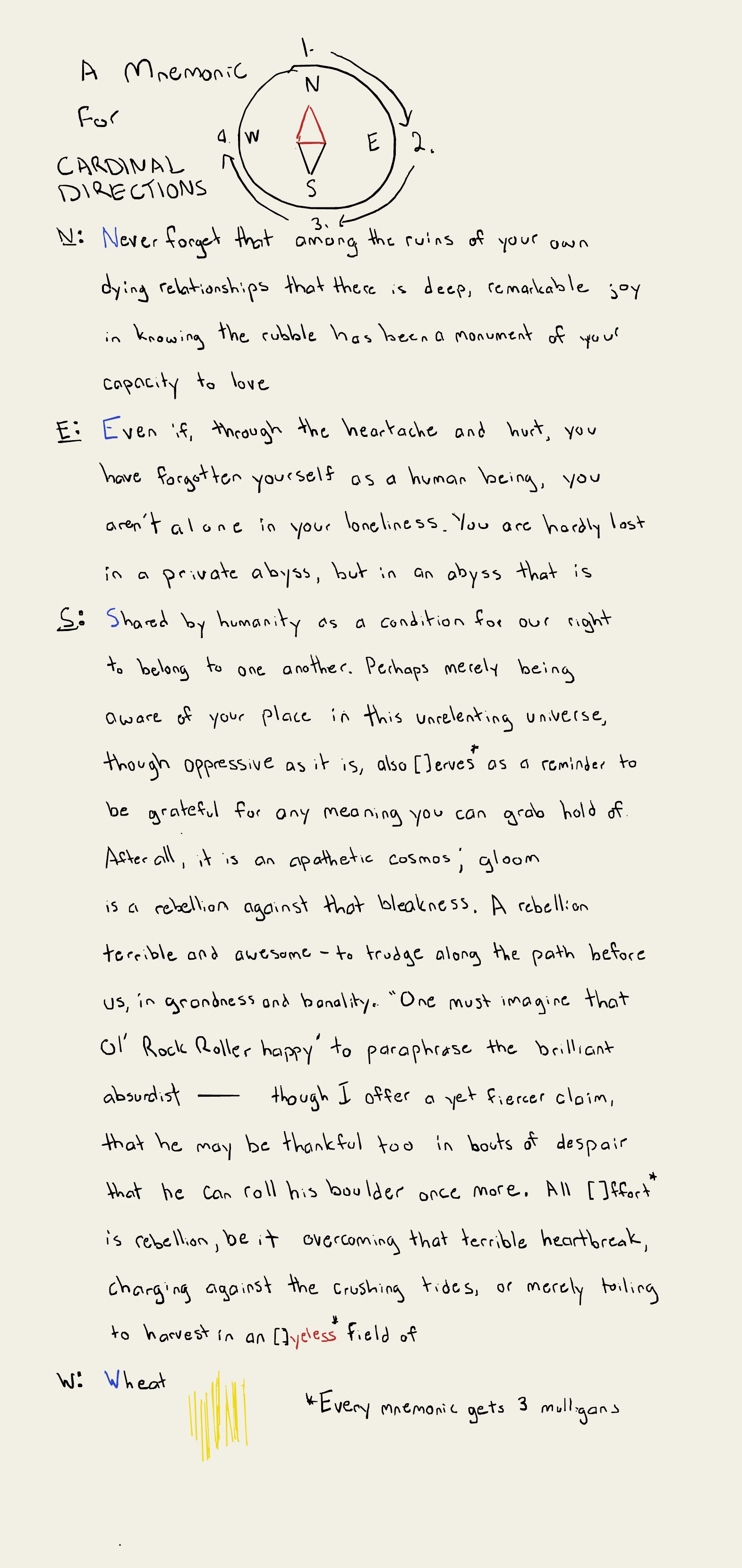 A handwritten cardinal-direction mnemonic that wanders into heartbreak, absurdism, rebellion, and wheat.