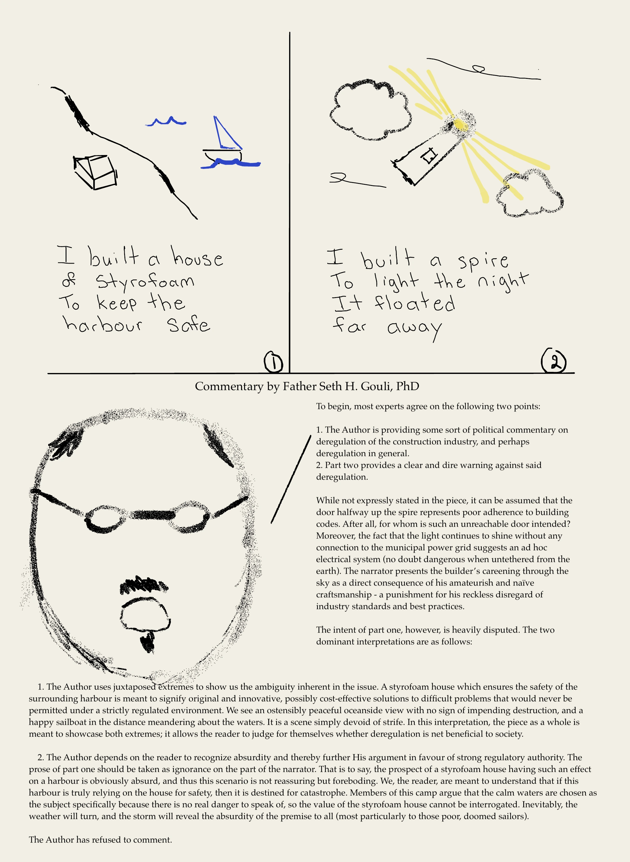 A hand-drawn two-part poem about a Styrofoam house and floating spire, followed by mock-scholarly political commentary.