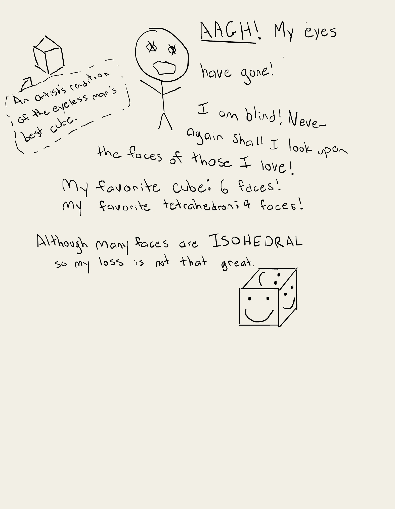 A handwritten comic in which an eyeless stick figure mourns the faces of favorite geometric solids.