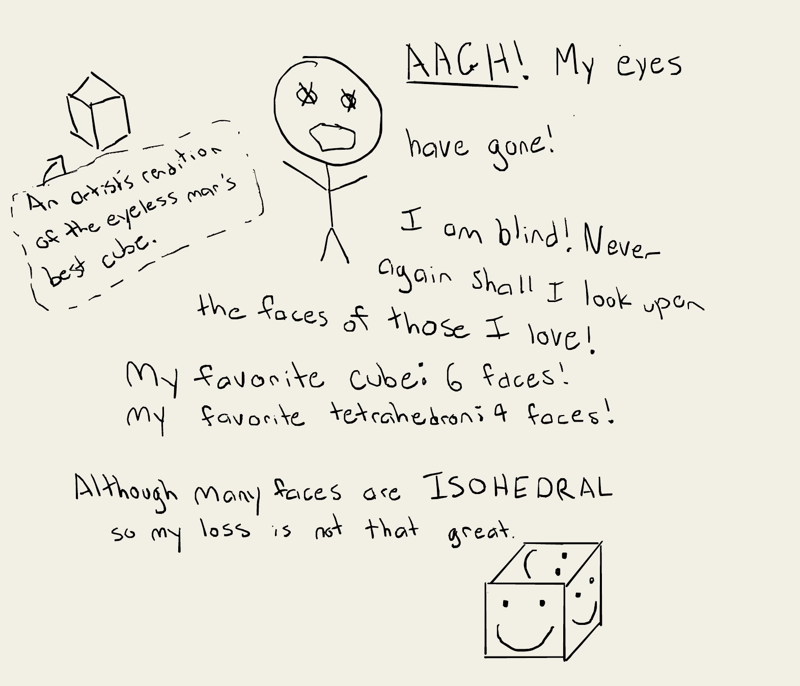A handwritten comic in which an eyeless stick figure mourns the faces of favorite geometric solids.
